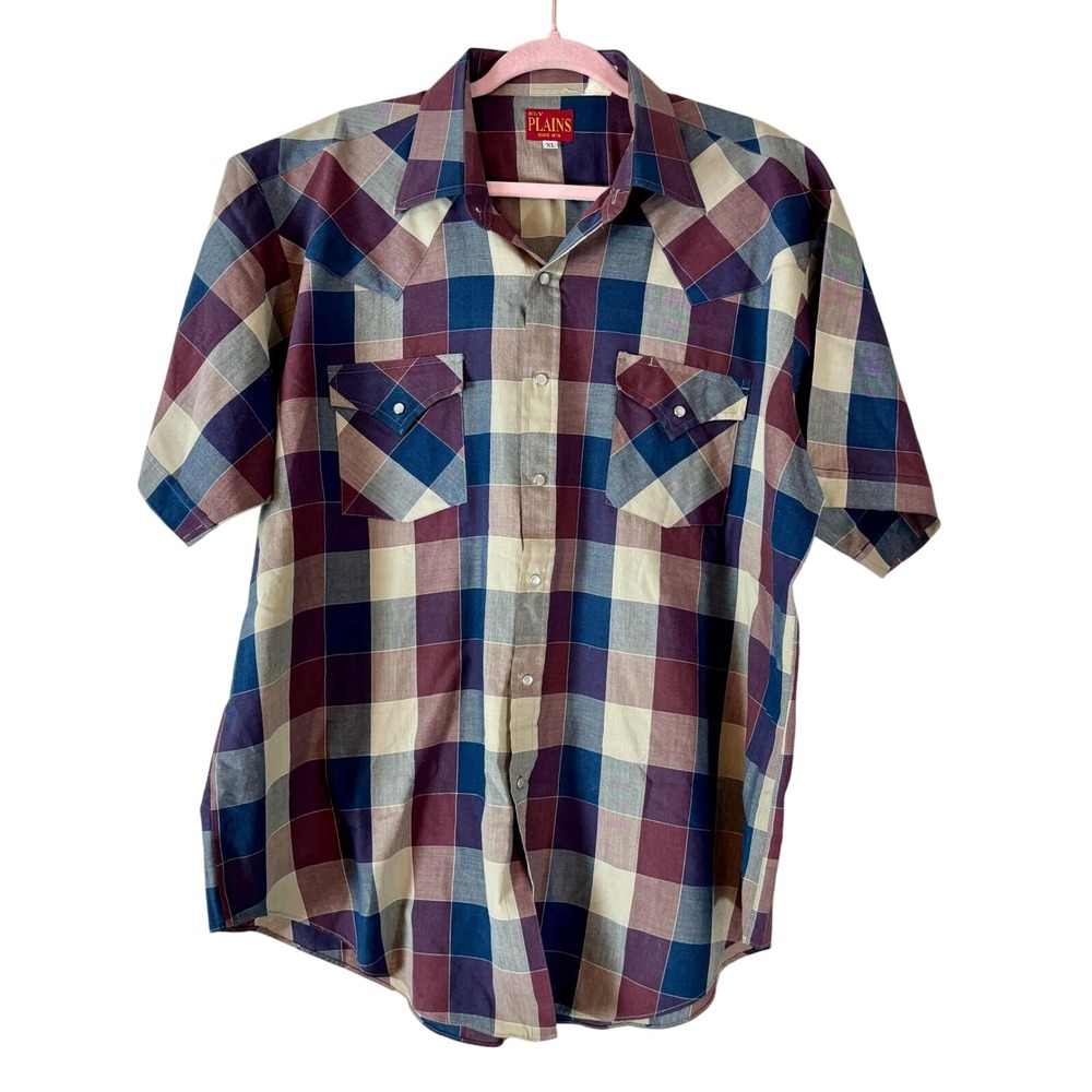 Ely Plains Western Shirt Plaid Short Sleeve Pearl Snap Front Mens XL Muted Tones